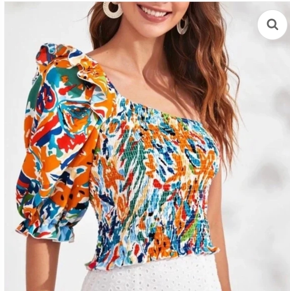 SHEIN Floral One Shoulder Ruched Top